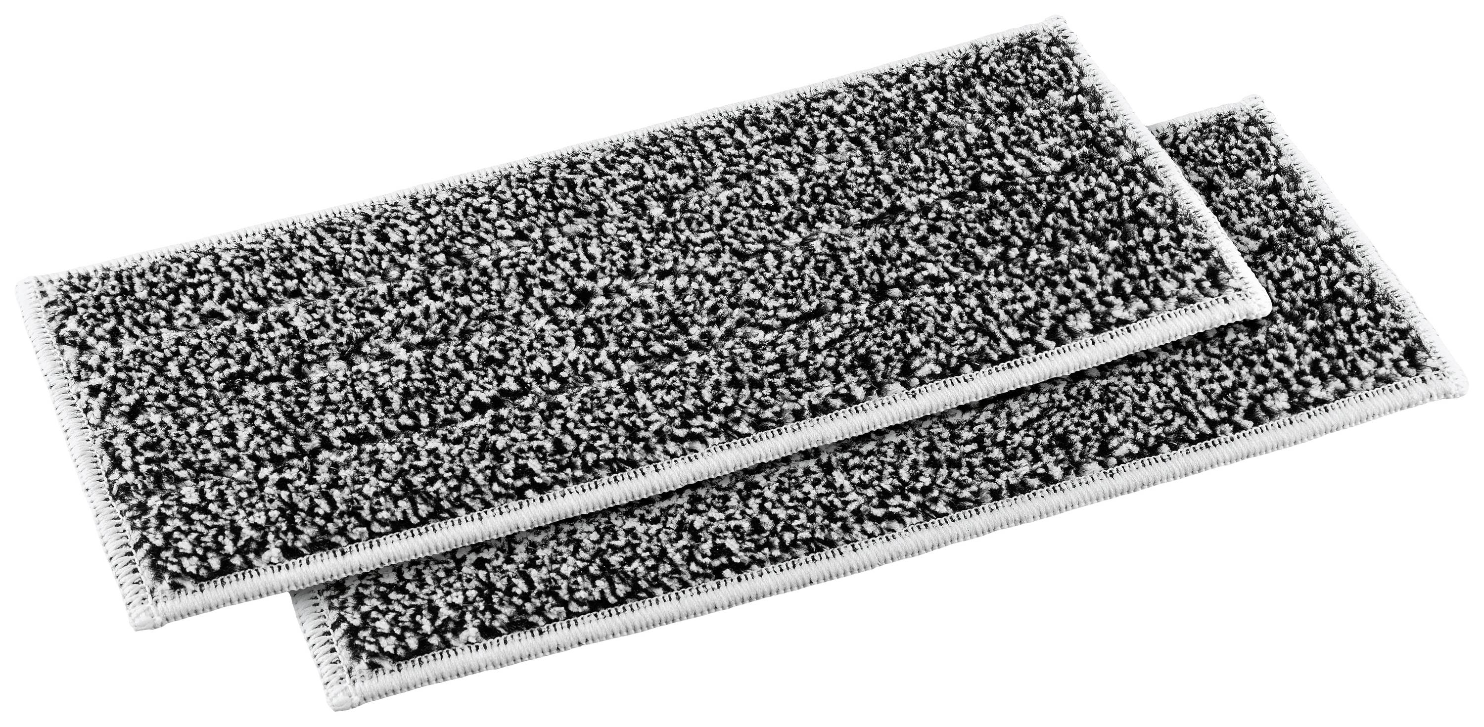 Deux serpillières en textile noir et blanc, de forme rectangulaire, avec une surface duvetée et texturée, sur un fond clair.