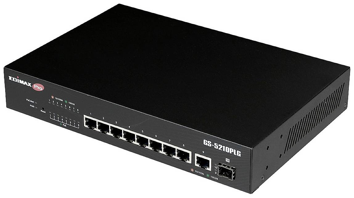 Un switch réseau noir avec huit ports Ethernet et deux ports SFP, modèle 'GS-5210PLG', de la marque Edimax.