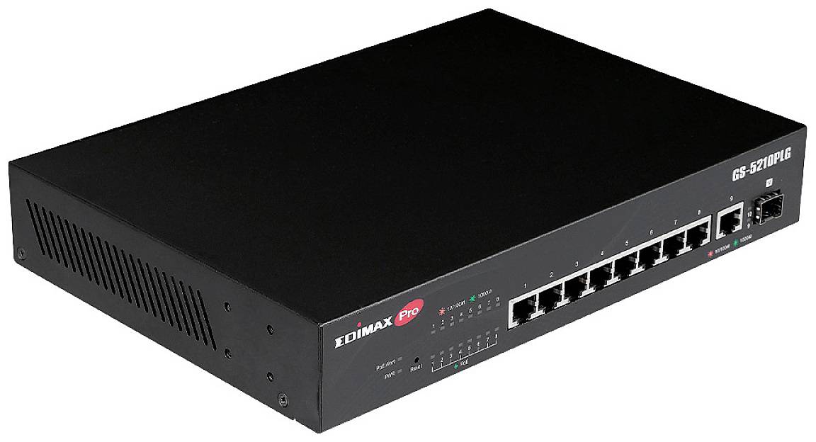 Un commutateur réseau noir avec huit ports Ethernet et des voyants LED, modèle 'EDIMAX Pro GS-5210PLG', symbolise la connectivité technologique.