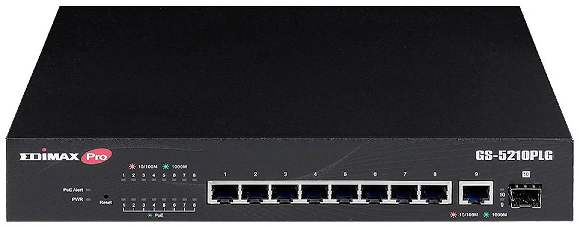 Switch réseau noir avec huit ports Ethernet et voyants LED sur le devant. Référence du modèle : Edimax Pro GS-5210PLG.