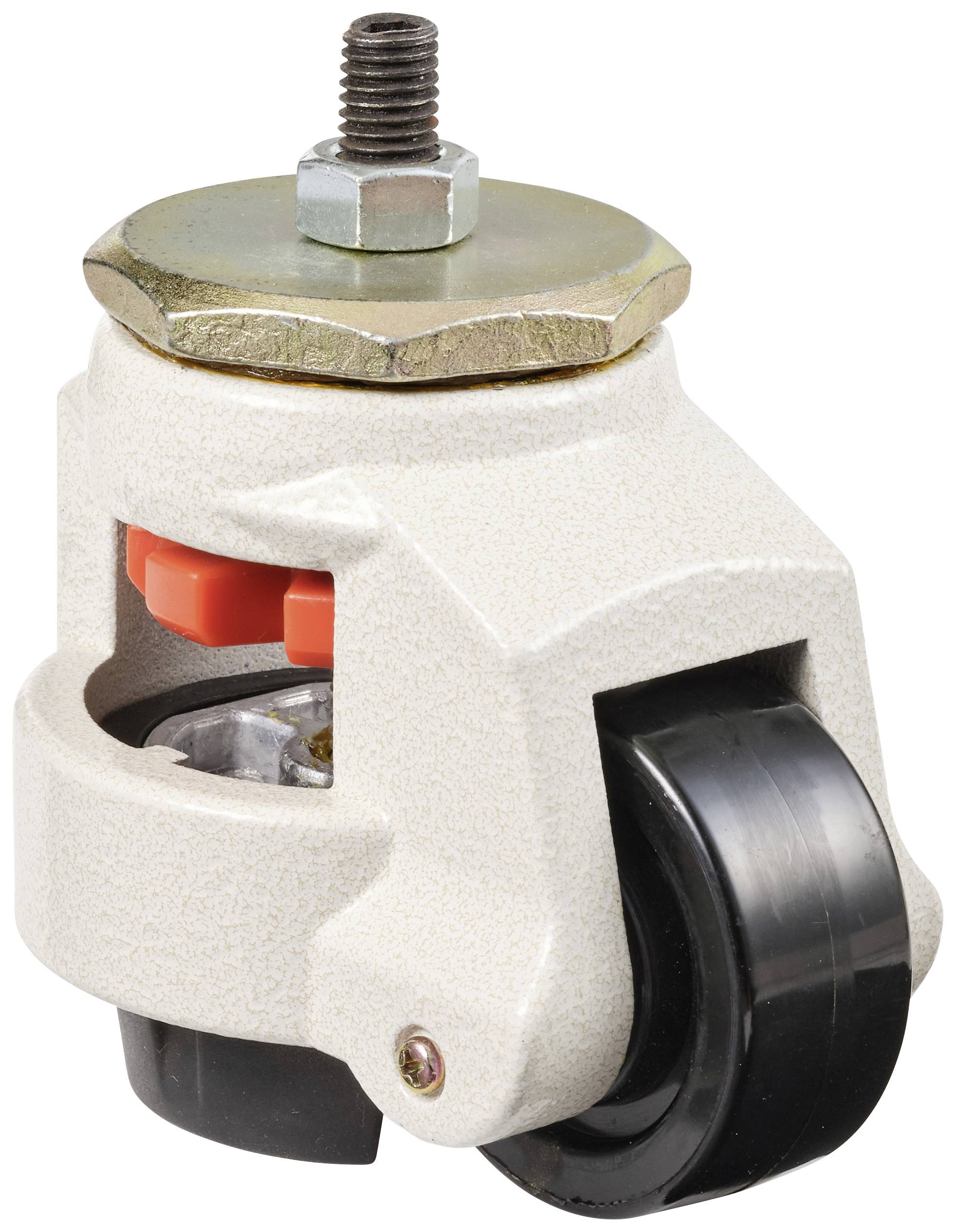 Support de rouleau avec roue noire, boîtier clair et vis en haut. Adapté aux applications industrielles.