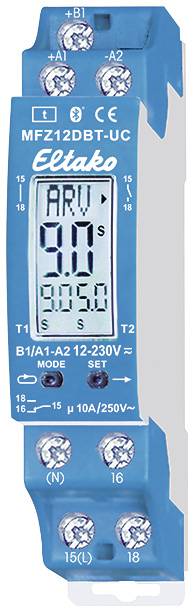 Un appareil bleu rectangulaire avec un affichage numérique portant l'inscription 'Eltako MFZ12DBT-UC', conçu pour mesurer le temps et doté de différentes connexions électriques.
