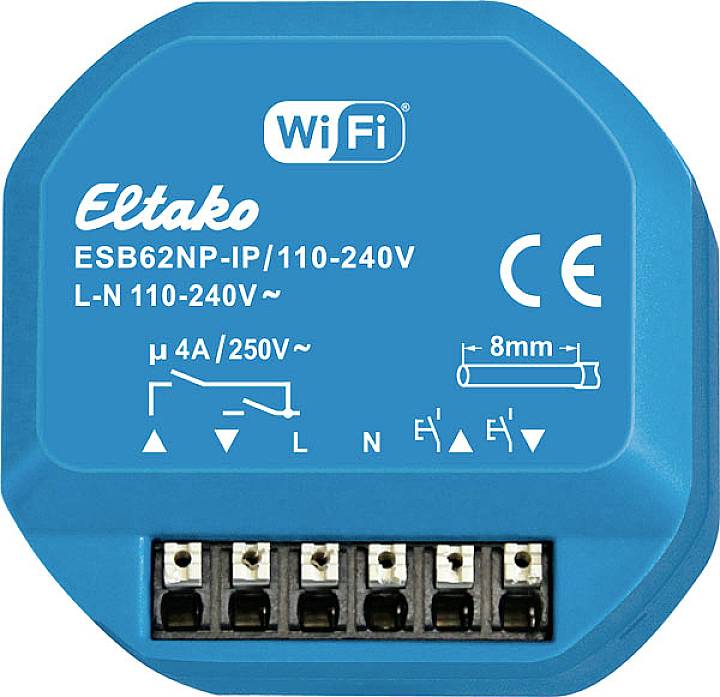 Interrupteur WiFi Eltako Bleu ESB62NP-IP pour tensions de 110-240V. Schéma de connexion et spécifications techniques inclus.