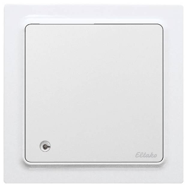 Un interrupteur blanc au design carré sur un mur, avec l'inscription 'Eltako' en bas à droite.