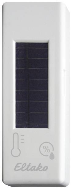 Un dispositif de capteur blanc rectangulaire avec un panneau solaire. Sur la face avant se trouvent des symboles de température et d'humidité.