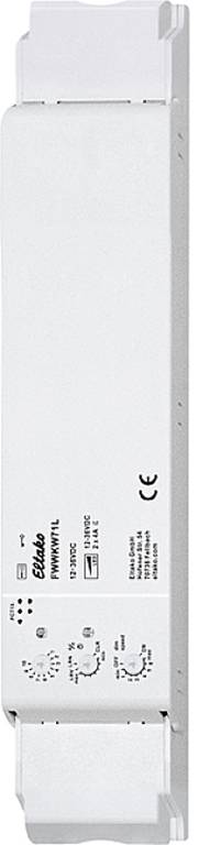 Un variateur Eltako blanc et allongé (type EUD12NPN/UC) avec boutons rotatifs et marquage CE. Pour installation dans des systèmes électriques.