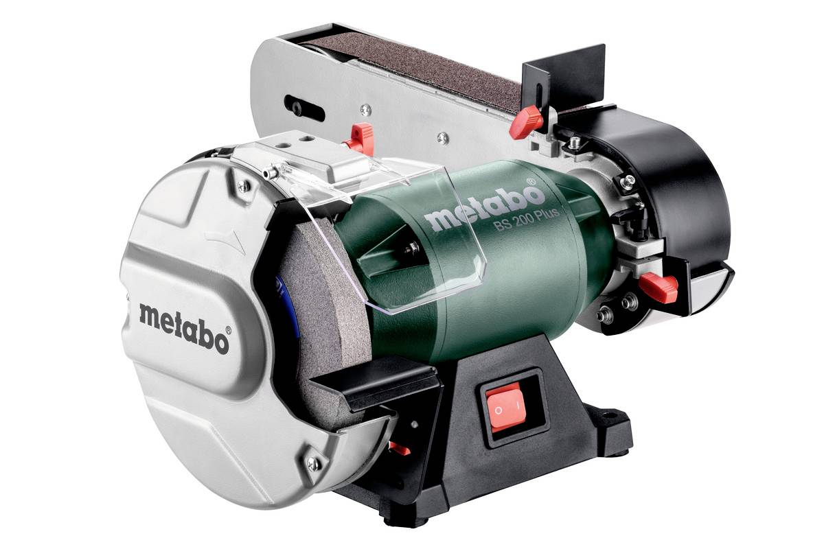 Meuleuse 'Metabo BS 175 Plus' avec des disques abrasifs rotatifs et un design compact vert.