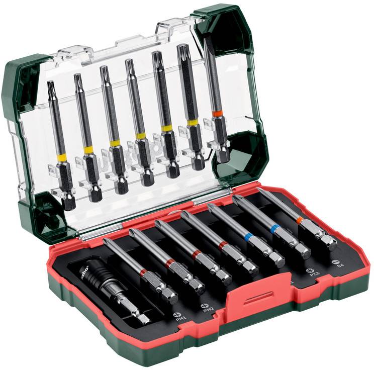 Une boîte à outils ouverte contenant neuf tournevis de différentes tailles, soigneusement rangés dans un support moulé.