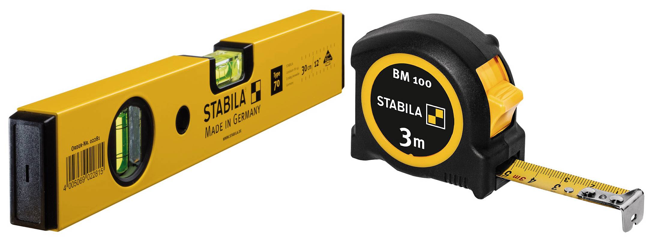Niveau à bulle et mètre ruban de Stabila. Le niveau à bulle est jaune avec deux bulles. Le mètre ruban est noir et jaune et mesure 3 mètres de long.