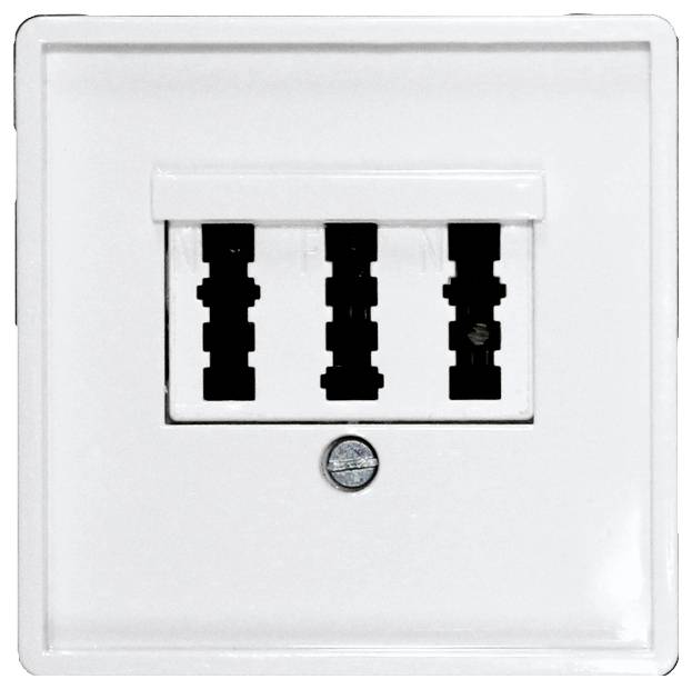 Prise triple blanche avec un interrupteur au centre, adaptée à divers appareils électriques.