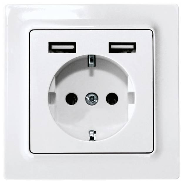 Prise murale blanche avec deux ports USB en haut, adaptée pour charger et alimenter simultanément plusieurs appareils dans un foyer moderne.