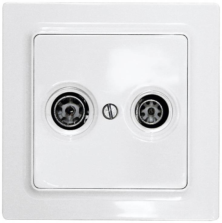 Une prise TV blanche avec deux connexions rondes et une vis centrale sur une surface lisse et carrée.