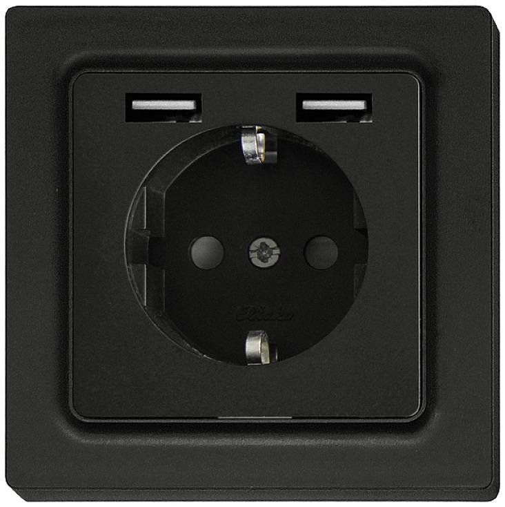 Prise électrique noire avec deux ports USB intégrés sur le dessus, adaptée pour charger et alimenter simultanément plusieurs appareils.
