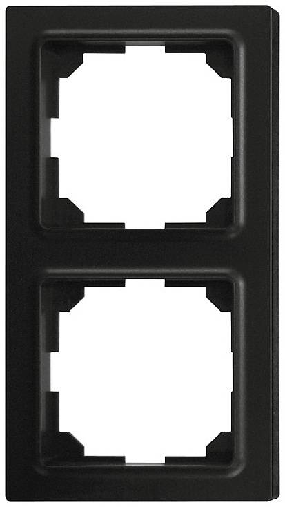 Cadre noir double pour deux prises électriques. Forme rectangulaire avec disposition verticale des ouvertures.