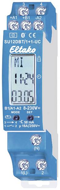 Un appareil électronique bleu avec un écran LCD affiche la date et l'heure : Lundi, 03h05. Il dispose de ports de connexion et porte une inscription de marque.