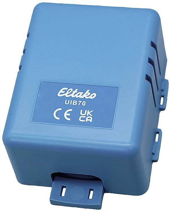 Un interrupteur Eltako de type UIB70 bleu avec marquages CE et UKCA, adapté pour les installations électriques normalisées.