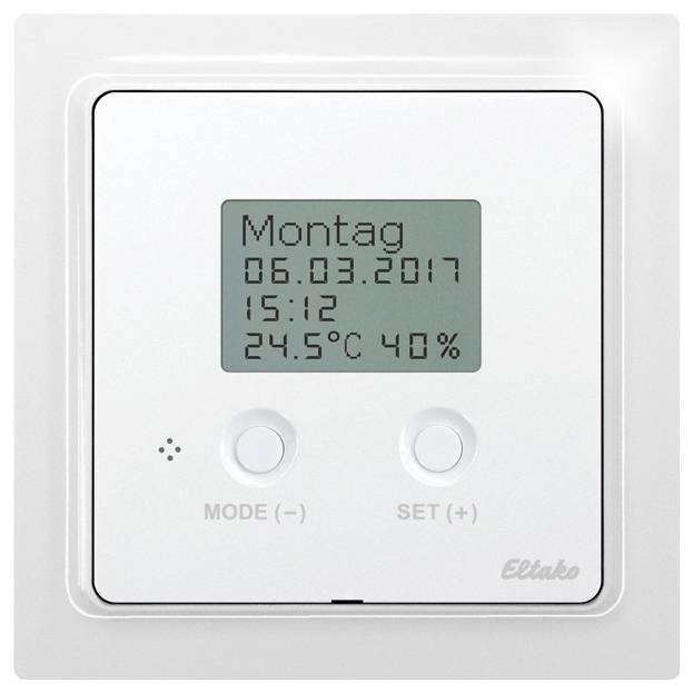 Un thermostat affichant : 'Lundi 06.03.2017 15:12, 24,5°C, 40%'. Boutons pour 'Mode' et 'Réglage'. Nom du fabricant : Eltako.
