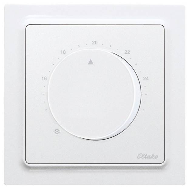 Un thermostat mural blanc avec molette de réglage, plage de température de 16 à 24 degrés Celsius ; marque 'Eltako'.