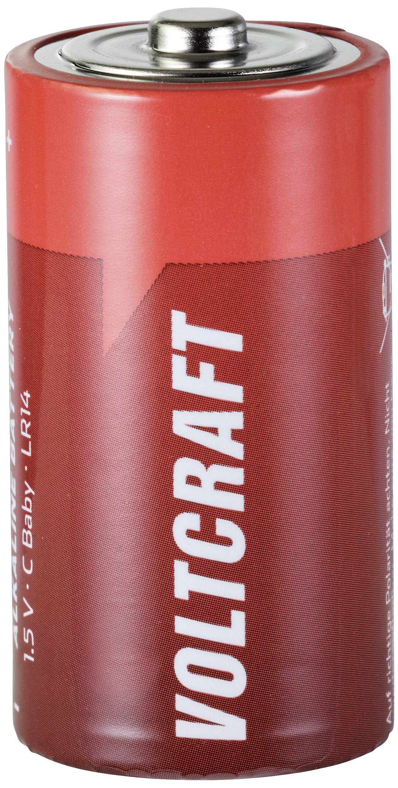 Pile rouge portant l'inscription 'VOLTCRAFT', de type 1,5V C Baby LR14, montrant la vue de dessus et le côté.