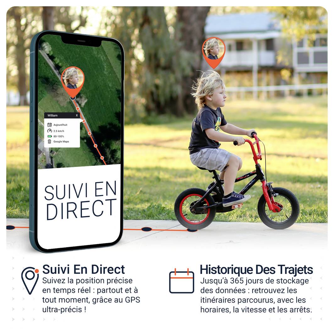 Publicité pour l'application 'LIVE Ortung' : Le smartphone affiche le suivi de localisation en direct d'un enfant à vélo ; le texte mentionne 365 jours de stockage, trajets, heure, vitesse et pauses.