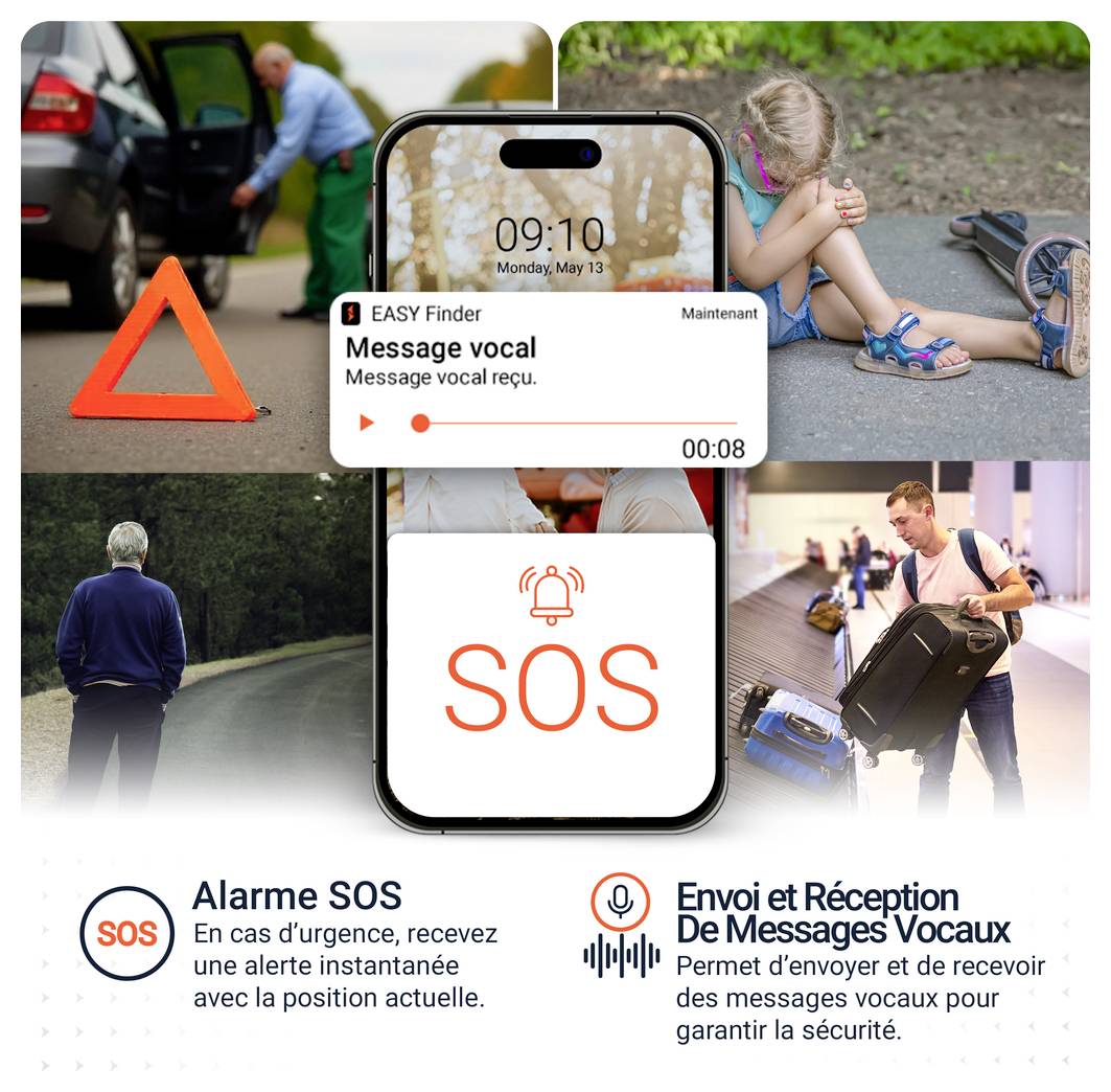 Graphique publicitaire pour une application d'urgence : Smartphone avec alarme SOS et message vocal, entouré de scènes avec panne automobile, enfant, personne seule et voyageur ; le texte explique l'alerte de localisation et les messages vocaux.