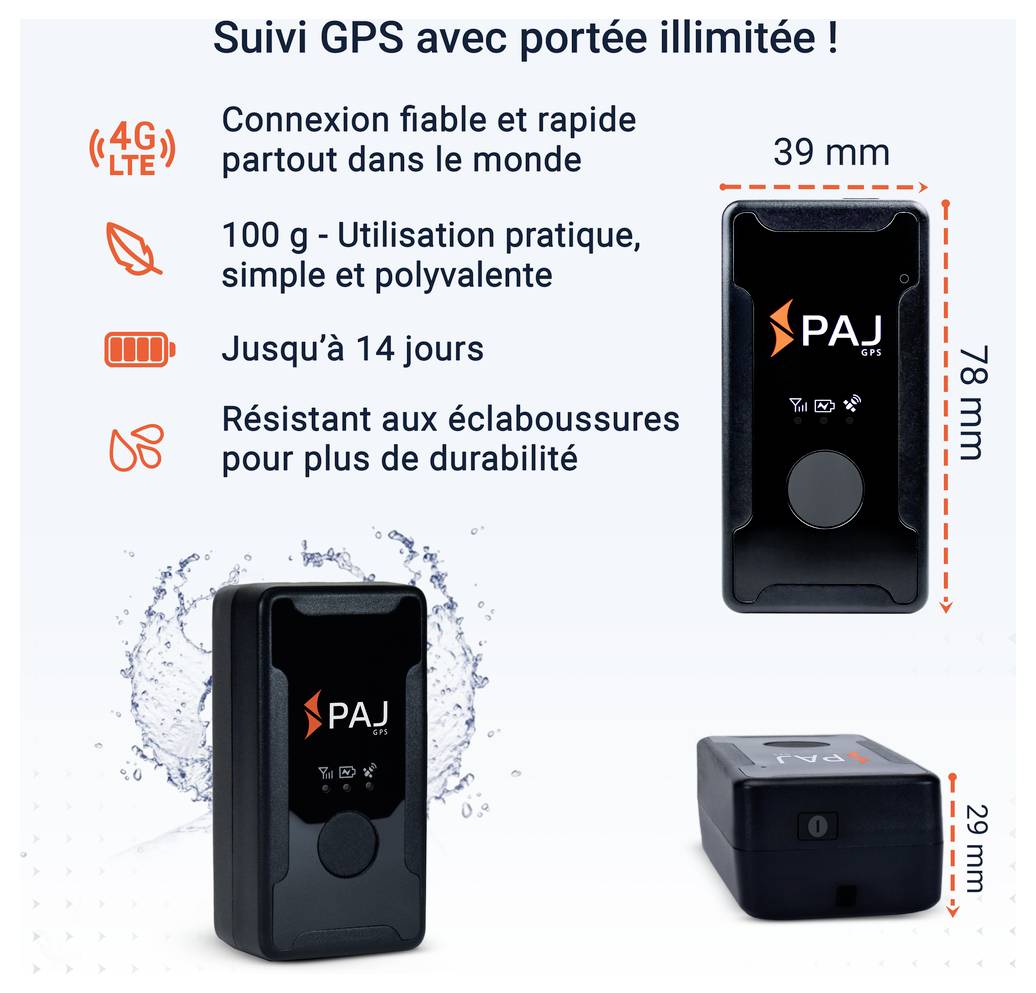 Werbegrafik für einen PAJ GPS-Tracker mit den Merkmalen 4G/LTE, weltweite Verbindung, 100 g, bis zu 14 Tage Akku und spritzwassergeschützt; zeigt das Gerät in mehreren Ansichten mit Maßen 39 × 78 × 29 mm.