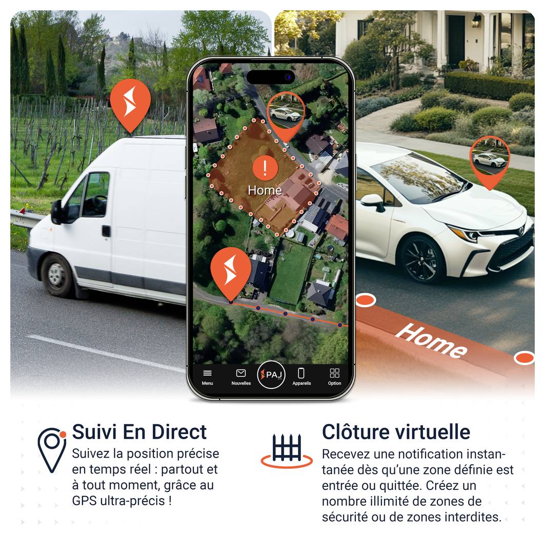 Application de géolocalisation en direct : Le smartphone affiche la position du véhicule sur une carte avec un 'Accueil' marqué et des zones de sécurité ; alerte lors de l'entrée ou la sortie d'une zone.