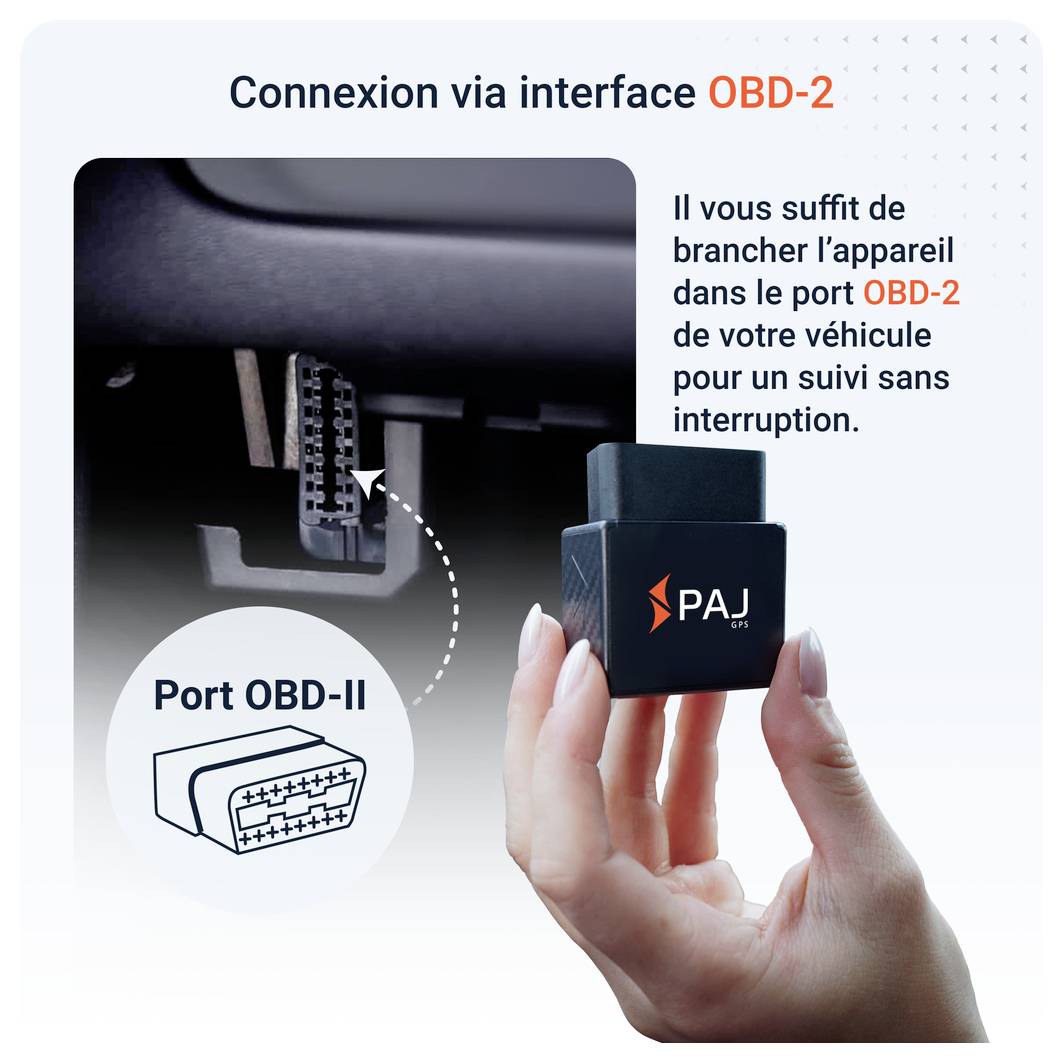 Connexion d'un appareil PAJ-GPS à l'interface OBD-2 de la voiture ; Remarque : « Connectez simplement l'appareil à l'interface OBD-2 de votre véhicule. »