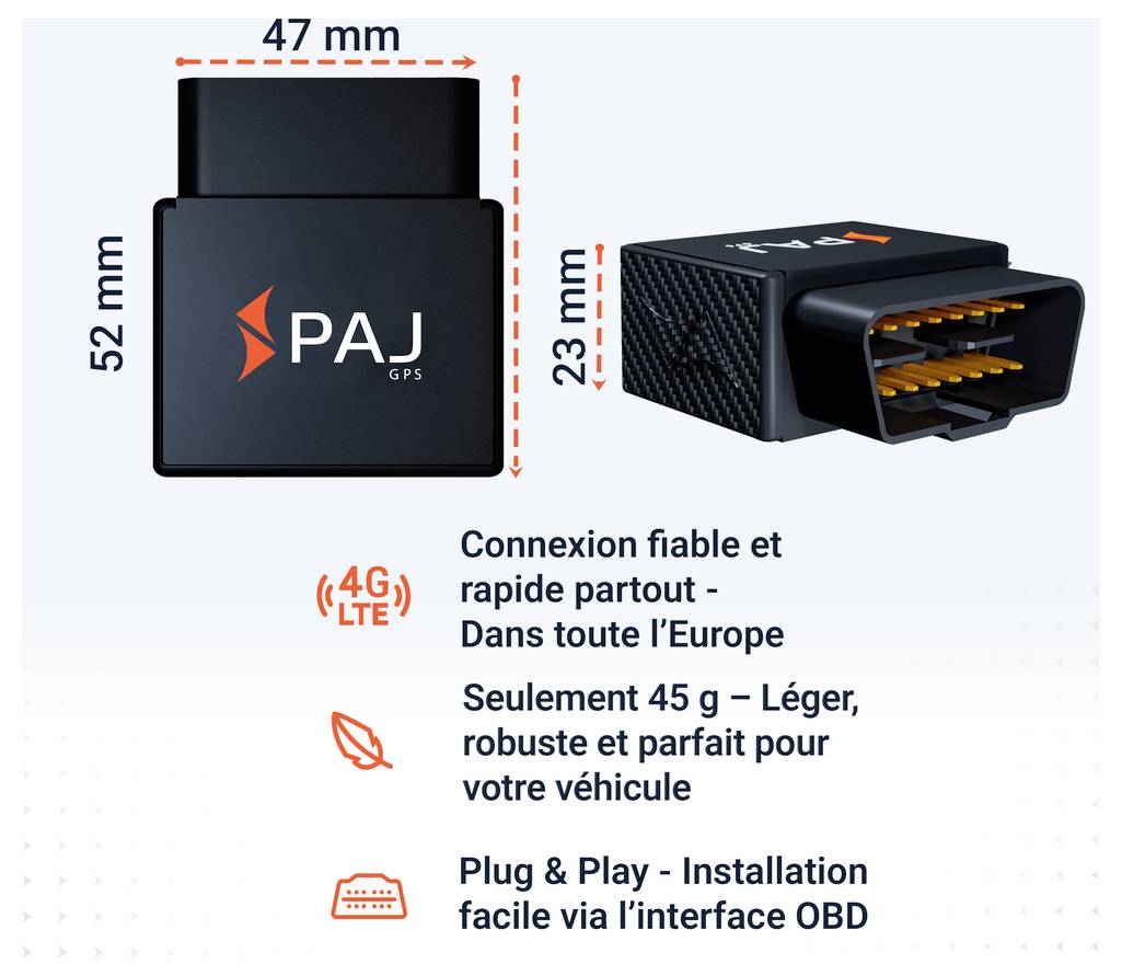 Graphique de produit d'un traceur GPS OBD PAJ avec des dimensions de 47 x 52 x 23 mm ; annonce 4G/LTE, 45 g, Plug & Play et installation OBD simple.