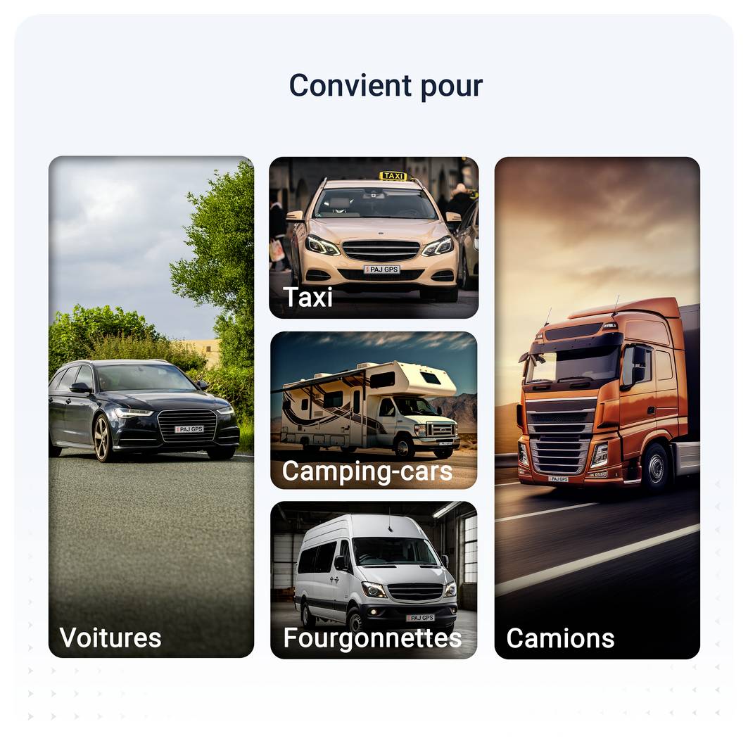 Aperçu « Convient pour » avec des photos de voitures, taxis, camping-cars, fourgonnettes et camions comme exemples d'application.