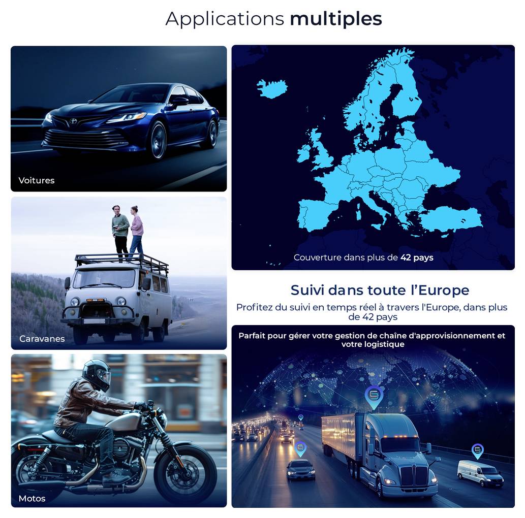 Image produit d'un tracker GPS Salind 11 4G avec emballage et application smartphone ; localisation d'une voiture est affichée.