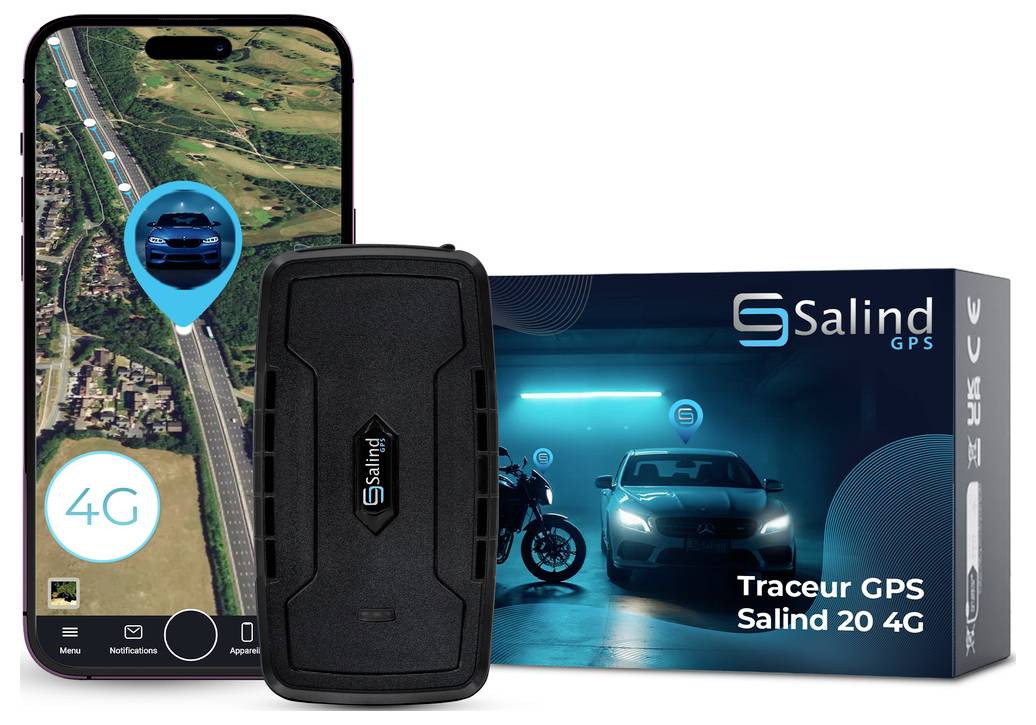 Image produit d'un Salind 20 4G GPS Tracker avec appareil, emballage et carte d'application smartphone pour la localisation des véhicules.