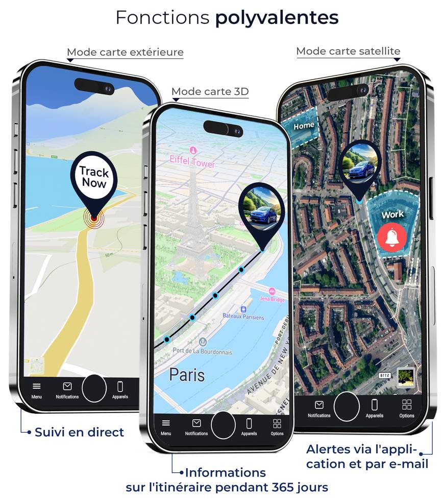 Infographie sur le traceur GPS : 80 jours en suivi actif, jusqu'à 180 jours en veille ; magnétique, protection antivol et aux éclaboussures, compact 12 × 6,4 × 4,8 cm.