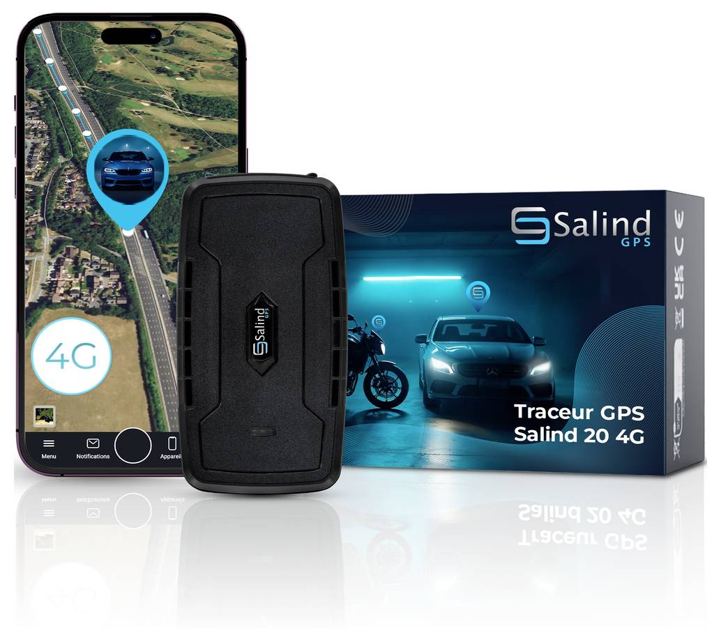 Graphique publicitaire concernant les alarmes conditionnelles : smartphone avec application automobile à gauche, à droite cinq types d'alarmes pour vibration, vitesse, géofence, faible batterie et retrait.