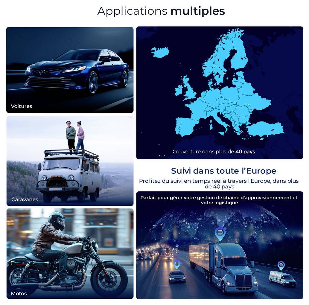 Image du produit d'un traceur GPS Salind avec emballage et application smartphone : localisation d'une voiture sur une carte.