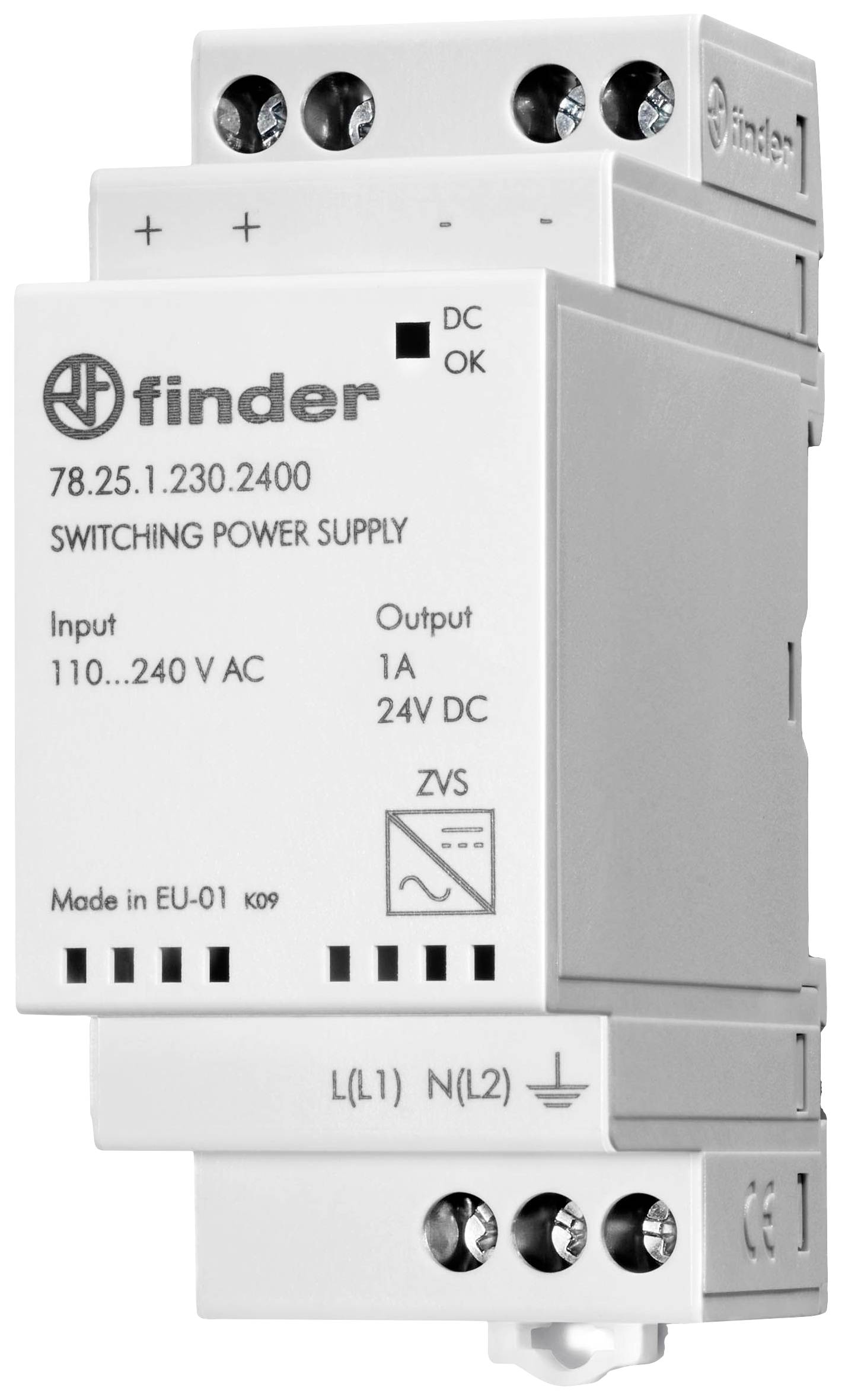 Unité d'alimentation électrique 'Finder 78.25.1.230.2400' pour armoires électriques, entrée 110-240V AC, sortie 24V DC, 1A.