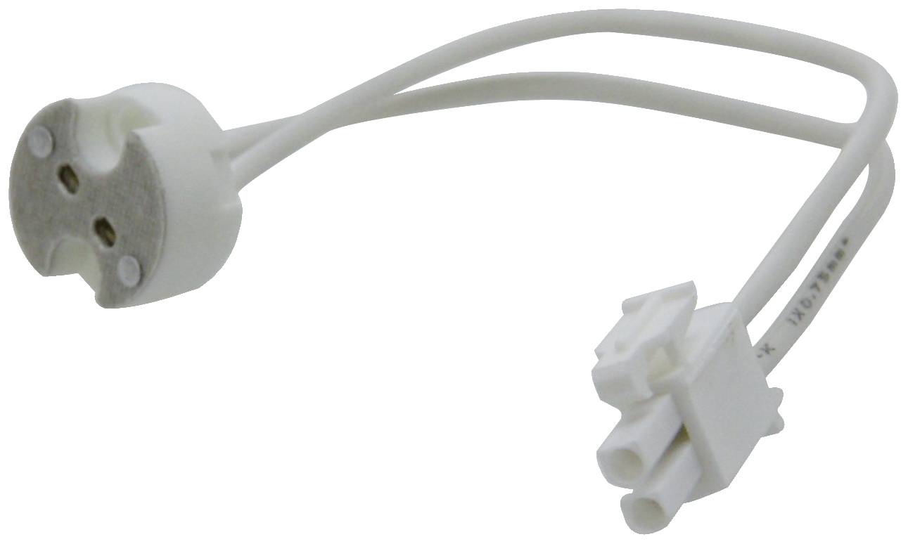 Un adaptateur de douille GU10 blanc avec deux câbles et une fiche en plastique, conçu pour connecter des ampoules GU10 aux sources d'alimentation.