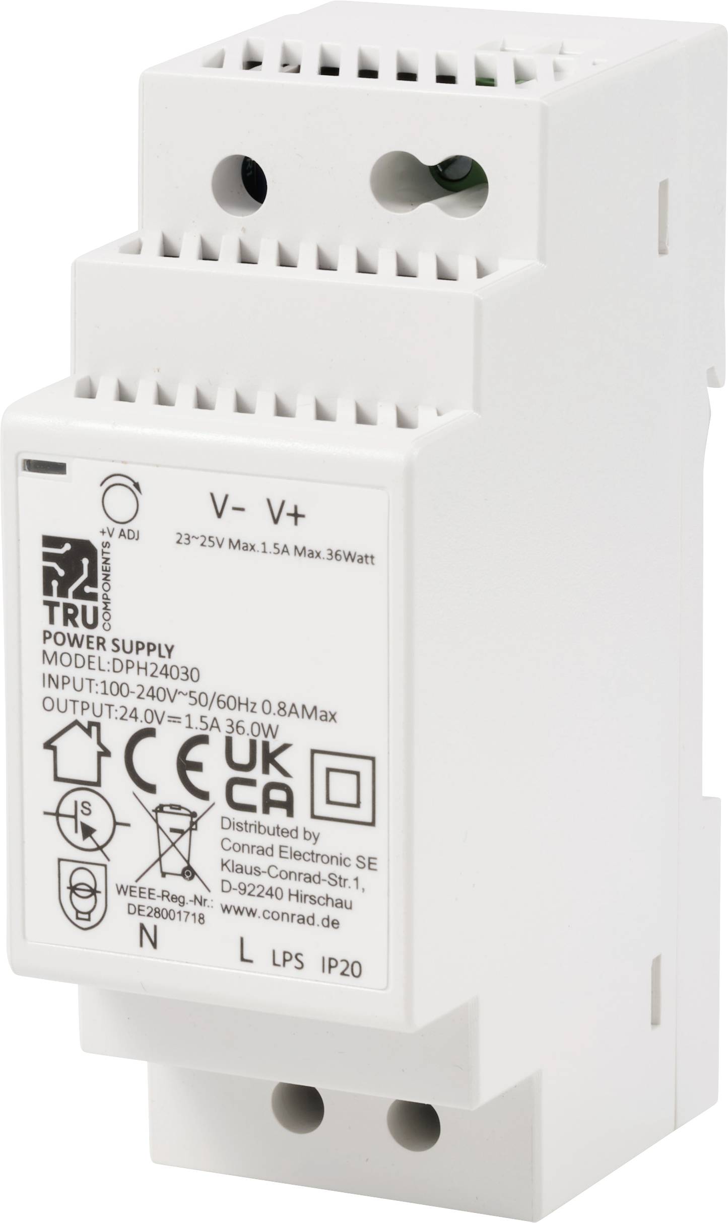 Un bloc d'alimentation blanc pour montage sur rail DIN avec spécifications sur le devant. Numéro de modèle : LPH24030, Entrée : 100-240V.