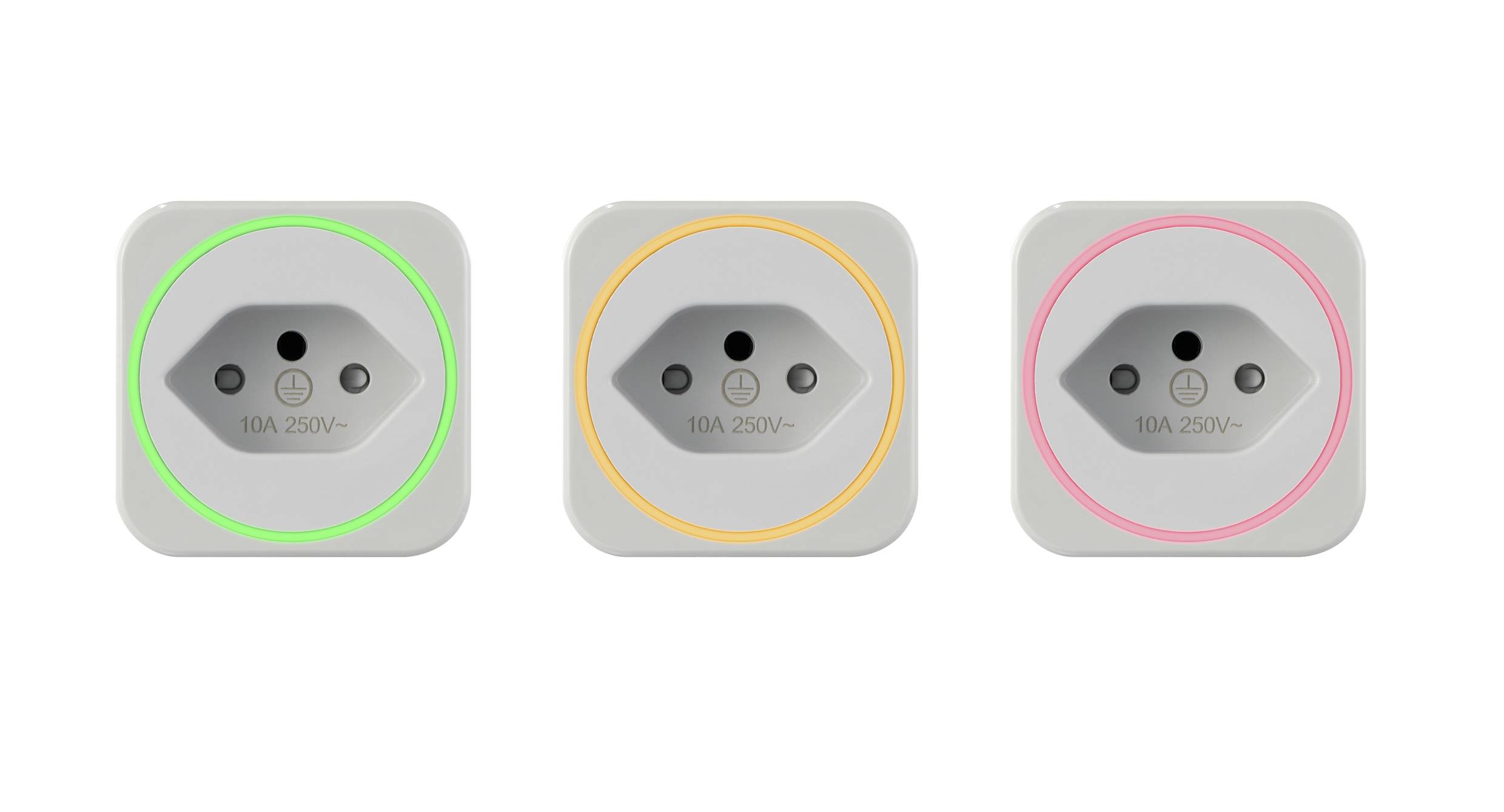 Trois prises électriques côte à côte ; à gauche avec un anneau vert, au milieu avec un anneau orange, à droite avec un anneau rose. Symbolisent des états de fonctionnement différents.