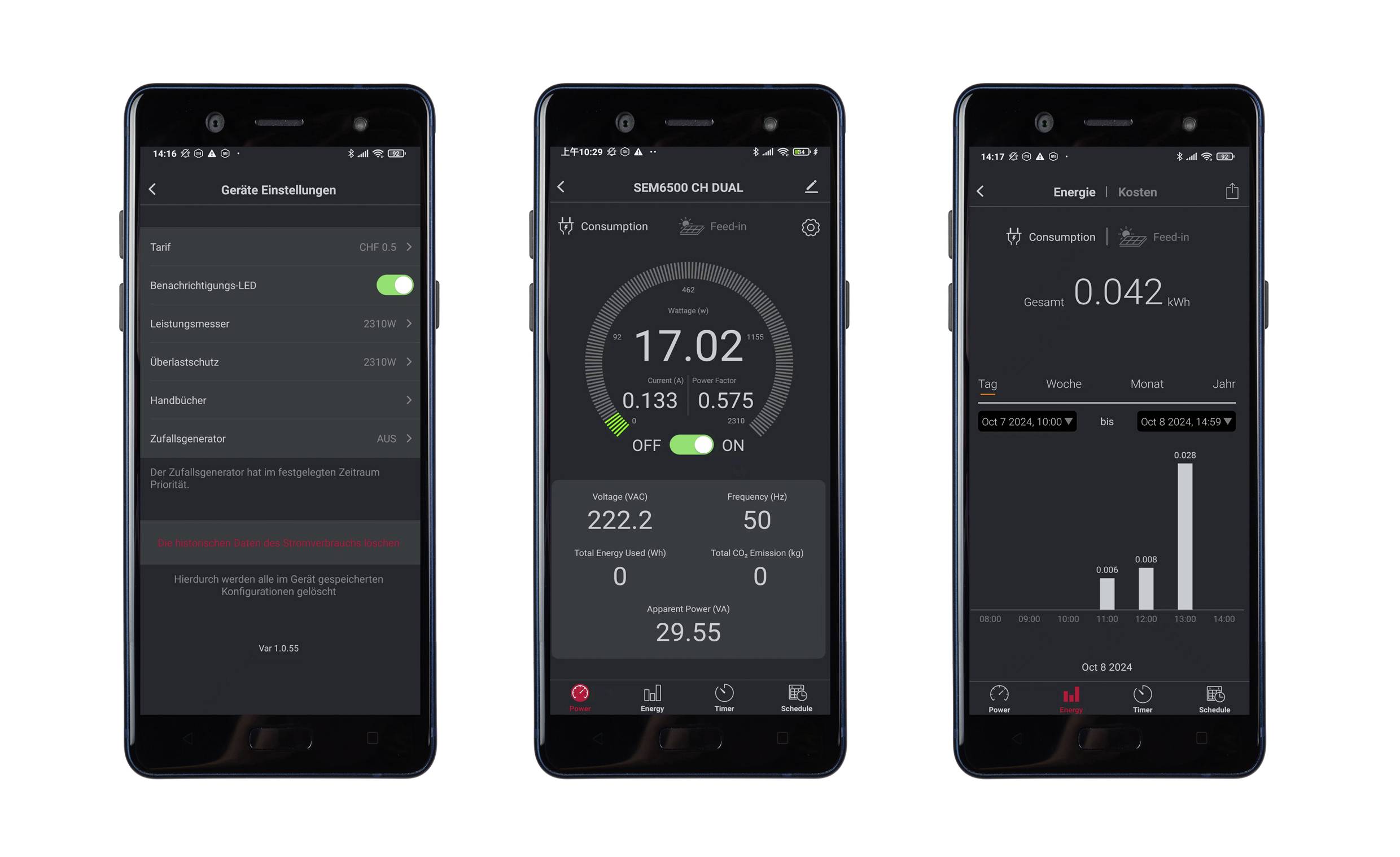 Trois écrans de smartphone affichent des données de consommation énergétique. À gauche : Paramètres de l'appareil. Au centre : Détails sur la consommation d'énergie. À droite : Graphique à barres de la consommation horaire.