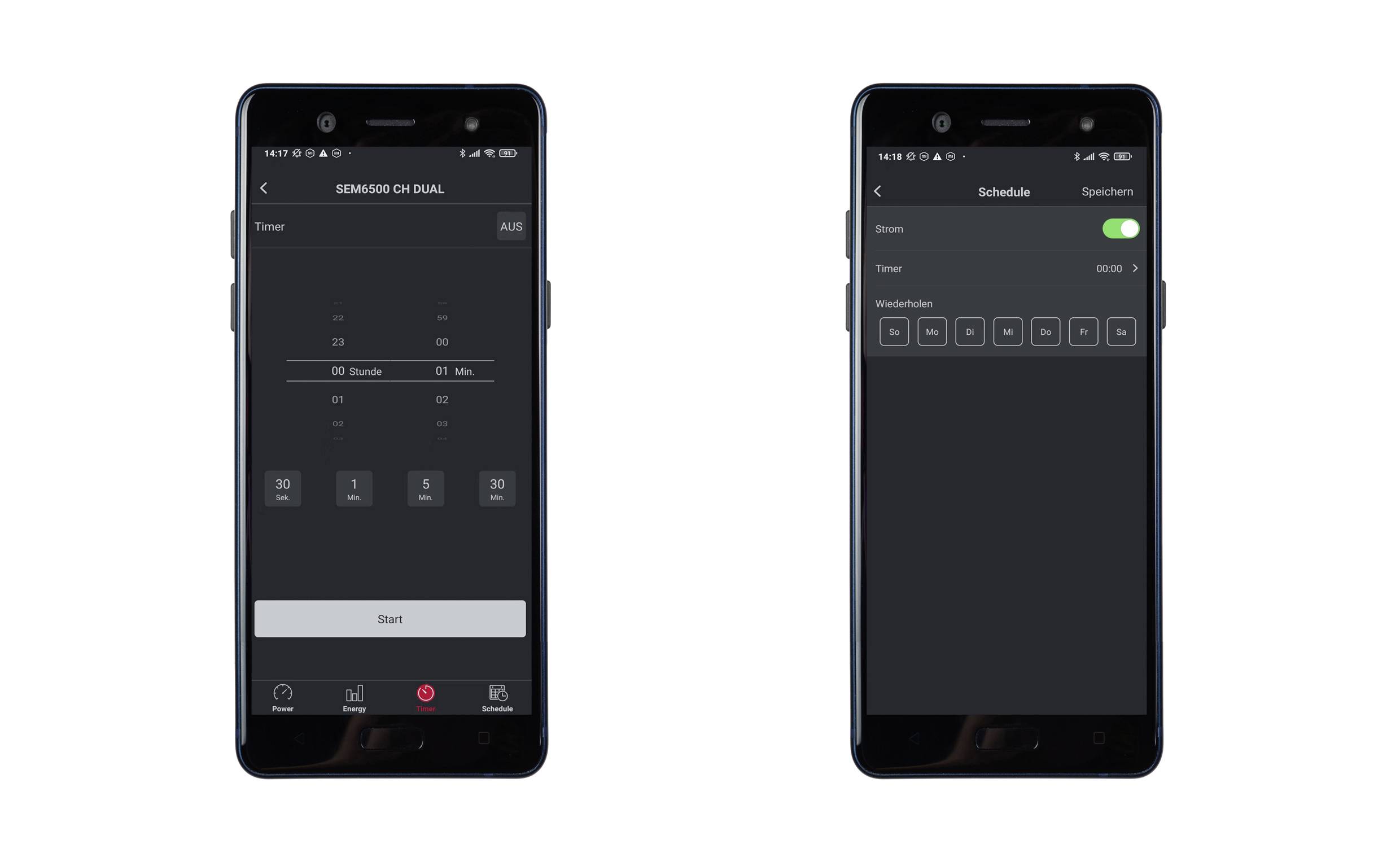 Deux écrans de smartphone affichent une interface d'application de contrôle de l'éclairage. À gauche : Paramètres de minuterie avec bouton de démarrage. À droite : Calendrier et interrupteur activé.
