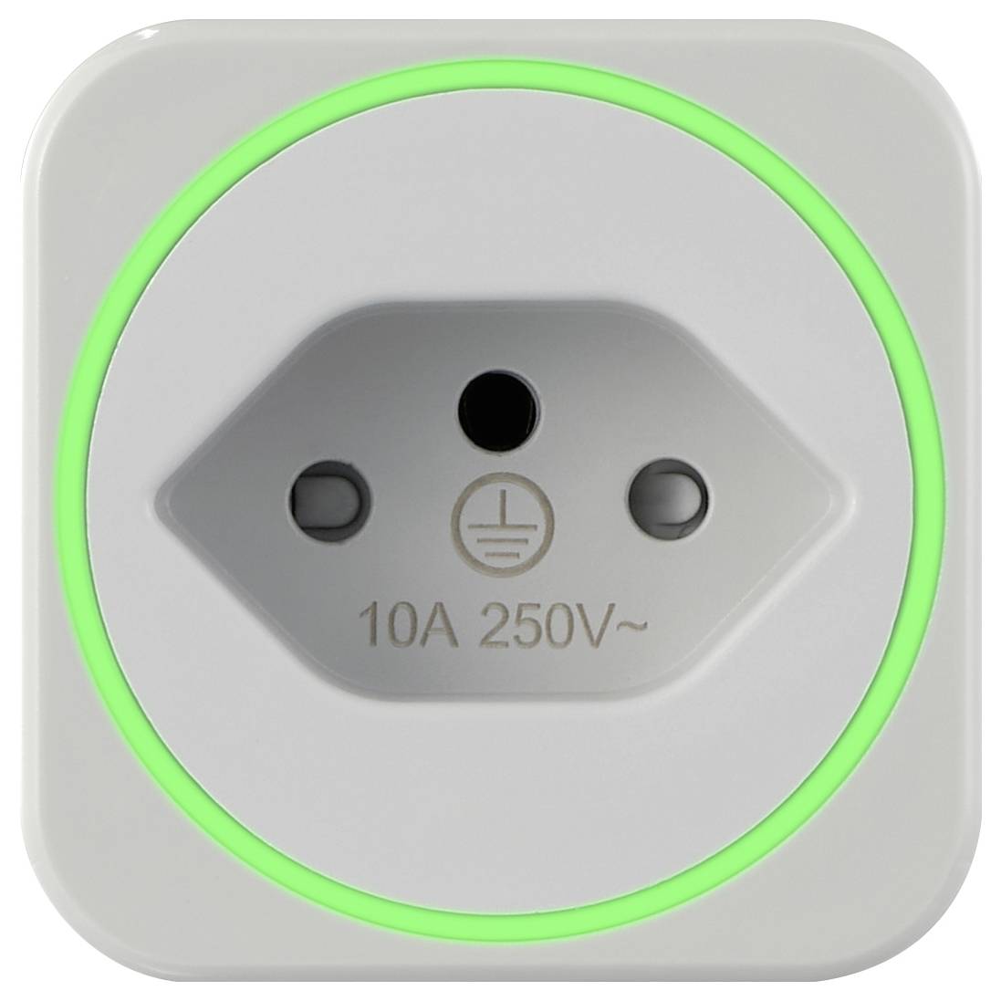 Prise électrique blanche avec un bord circulaire illuminé en vert. Deux trous et un symbole de mise à la terre au centre, portant l'inscription '10A 250V~'.