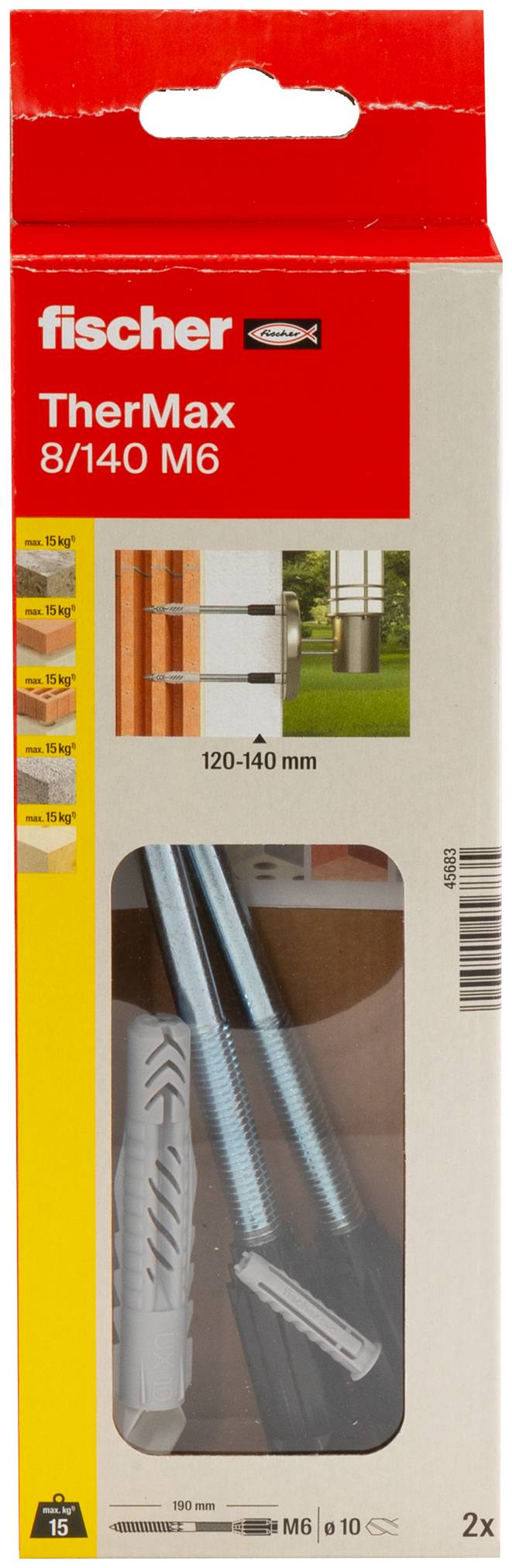 Grande vis avec cheville noire, cheville grise plus petite en dessous ; éléments de fixation pour charges lourdes.