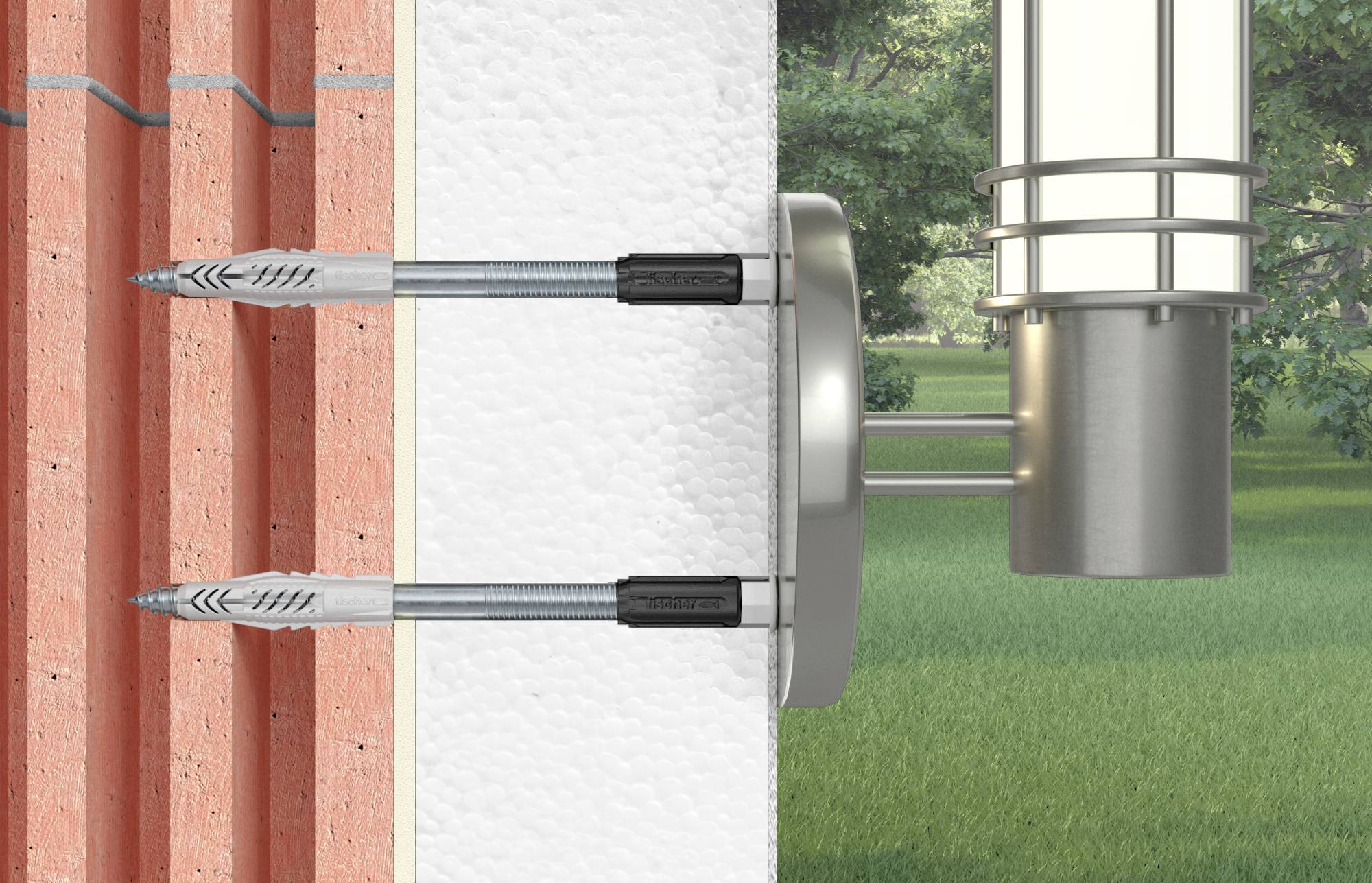 Deux chevilles fixent un luminaire extérieur sur une façade isolée, dont les différentes couches sont clairement visibles.