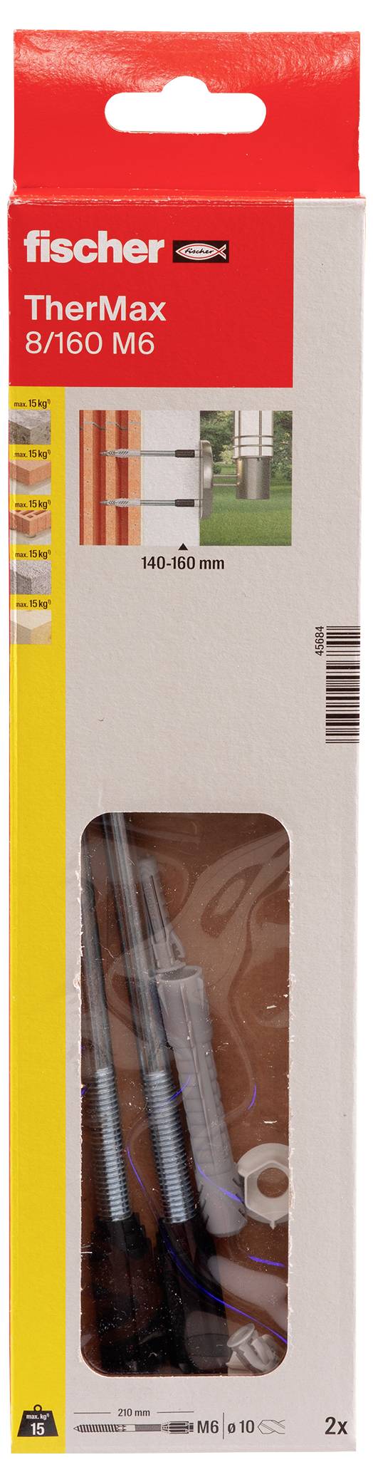 Emballage du système de chevilles Fischer TherMax 8/160 M6. Contient des informations techniques et des illustrations relatives à l'utilisation.
