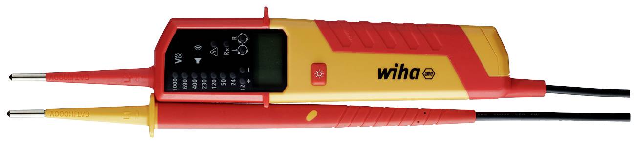 Appareil de test avec deux sondes, écran et marquage 'Wiha', pour la mesure de tension.