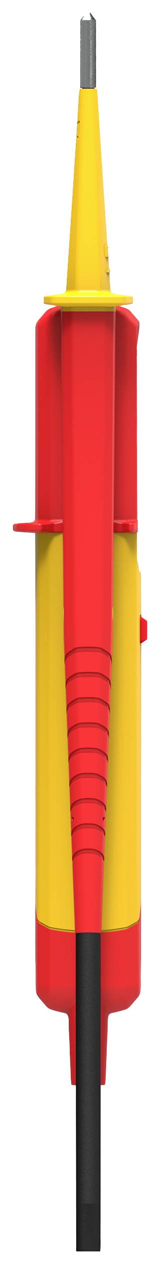 Testeur de tension rouge et jaune avec câble noir, aligné verticalement. Outil principal pour tester les tensions électriques.