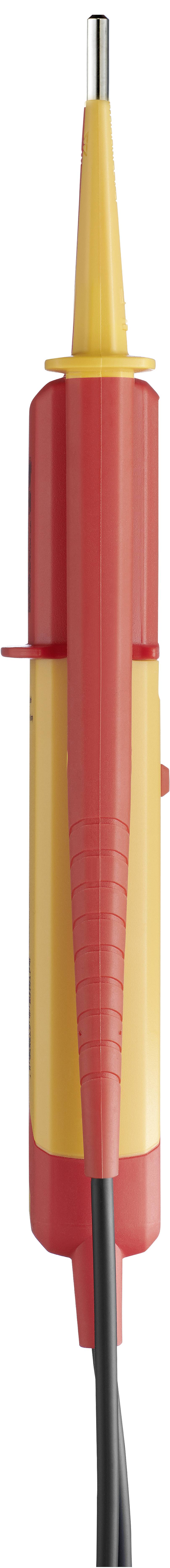 Un testeur de tension jaune et rouge avec une extrémité de câble noire, orienté verticalement, pour les mesures de tension électrique.