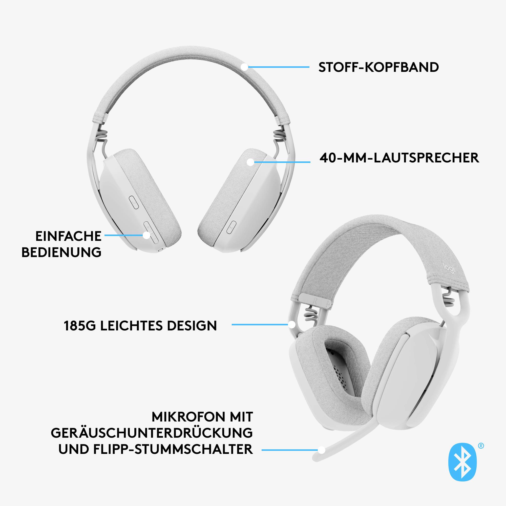 Logitech ZONE VIBE 100 Micro-casque supra-auriculaire Bluetooth Stereo blanc Suppression du bruit du microphone, Noise Cancelling