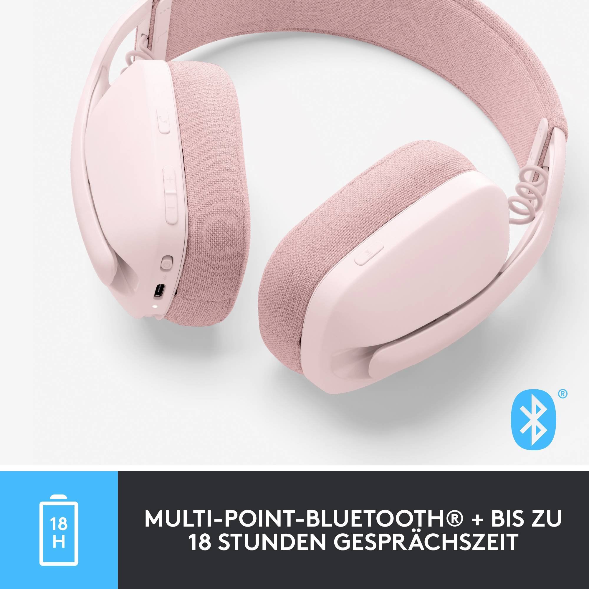 'Écouteurs roses avec Bluetooth multi-point, offrant jusqu'à 18 heures de temps de conversation.'